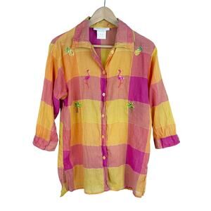 Vtg Arriviste Embroidered Plaid Button Down Shirt Womens Size S Sequin Novelty